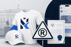 Ilustracja przedstawiająca koszulkę politycznej marki, symbol zarejestrowanego znaku towarowego i dokumenty, nawiązująca do afery Nowrocky.