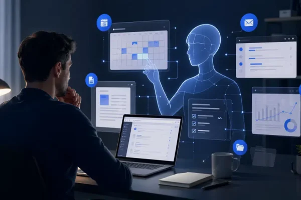 Ilustracja przedstawiająca cyfrowego agenta AI pomagającego pracownikowi przy kalendarzu, dokumentach i zadaniach biurowych.