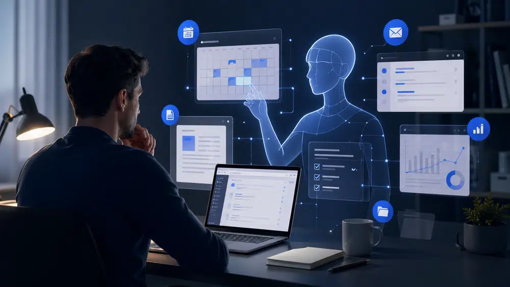 Ilustracja przedstawiająca cyfrowego agenta AI pomagającego pracownikowi przy kalendarzu, dokumentach i zadaniach biurowych.