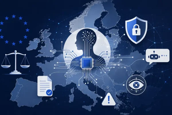 Ilustracja przedstawiająca Europę, symbole prawa i sztucznej inteligencji jako metaforę unijnego AI Act.