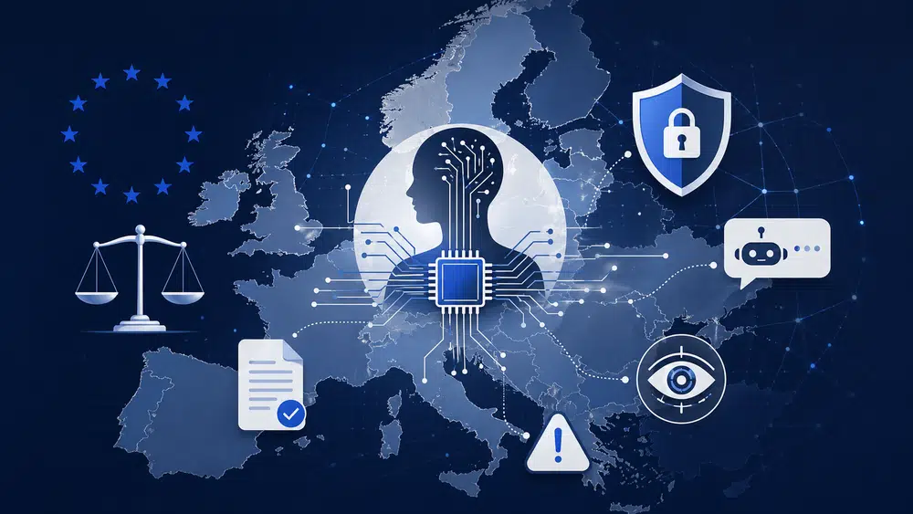 Ilustracja przedstawiająca Europę, symbole prawa i sztucznej inteligencji jako metaforę unijnego AI Act.
