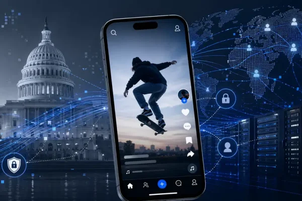 Ilustracja smartfona z aplikacją krótkich wideo na tle Kapitolu USA i abstrakcyjnej sieci danych, symbolizująca spór o TikToka, prywatność i bezpieczeństwo narodowe.