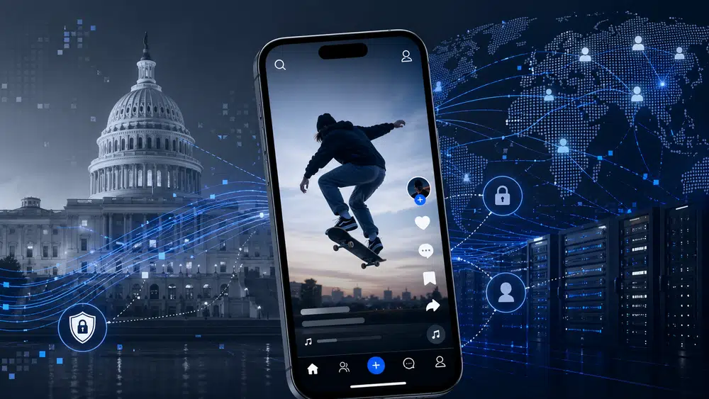 Ilustracja smartfona z aplikacją krótkich wideo na tle Kapitolu USA i abstrakcyjnej sieci danych, symbolizująca spór o TikToka, prywatność i bezpieczeństwo narodowe.