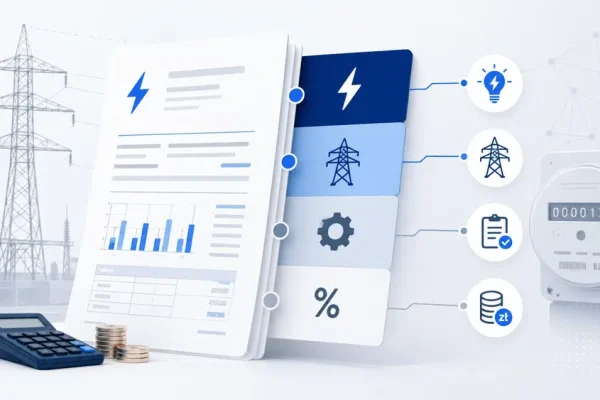 Ilustracja rachunku za prąd podzielonego na składniki: energia, dystrybucja, opłaty i podatki.