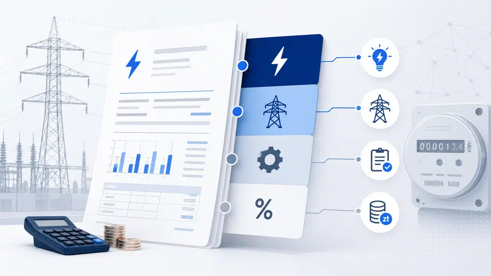 Ilustracja rachunku za prąd podzielonego na składniki: energia, dystrybucja, opłaty i podatki.