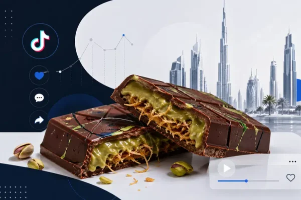 Przełamana tabliczka czekolady z pistacjowym nadzieniem i chrupiącym kataifi, symbolizująca viralowy trend czekolady z Dubaju.