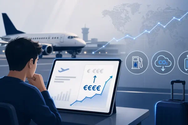 Pasażer sprawdza drożejące bilety lotnicze na ekranie, w tle samolot i symbole kosztów paliwa, emisji CO2 oraz bagażu.