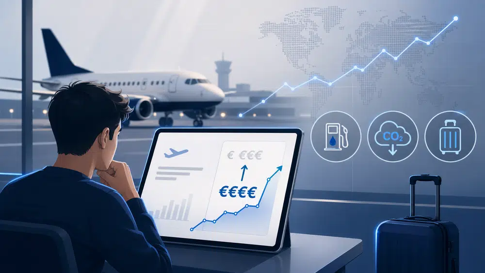Pasażer sprawdza drożejące bilety lotnicze na ekranie, w tle samolot i symbole kosztów paliwa, emisji CO2 oraz bagażu.