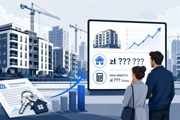 Osoba stojąca przed nowymi blokami i wykresem rosnących cen mieszkań, symbolizująca trudność zakupu mieszkania i wysokie raty kredytu.