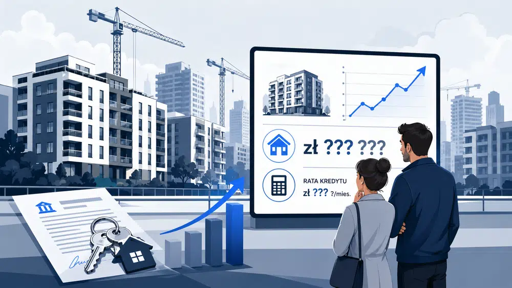 Osoba stojąca przed nowymi blokami i wykresem rosnących cen mieszkań, symbolizująca trudność zakupu mieszkania i wysokie raty kredytu.