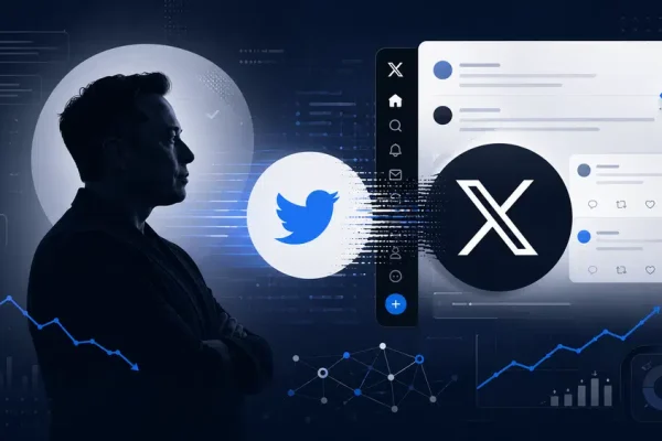 Ilustracja przedstawiająca symboliczne przejście Twittera w X pod rządami Elona Muska, z elementami algorytmu, weryfikacji i wykresów finansowych.