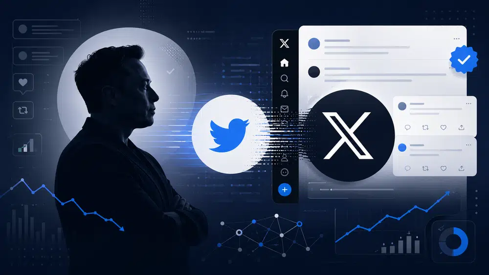 Ilustracja przedstawiająca symboliczne przejście Twittera w X pod rządami Elona Muska, z elementami algorytmu, weryfikacji i wykresów finansowych.