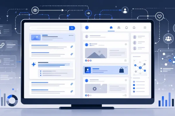 Ilustracja przedstawiająca abstrakcyjny ekran z wynikami wyszukiwania, feedem społecznościowym, reklamami i algorytmicznymi rekomendacjami.