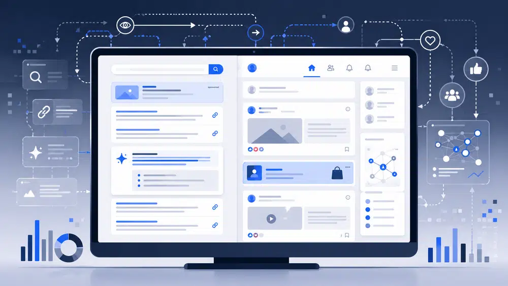 Ilustracja przedstawiająca abstrakcyjny ekran z wynikami wyszukiwania, feedem społecznościowym, reklamami i algorytmicznymi rekomendacjami.
