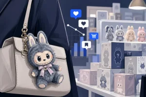 Ilustracja małej kolekcjonerskiej maskotki przypiętej do eleganckiej torebki, obok pudełek blind box i symboli mediów społecznościowych.