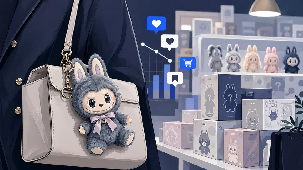 Ilustracja małej kolekcjonerskiej maskotki przypiętej do eleganckiej torebki, obok pudełek blind box i symboli mediów społecznościowych.