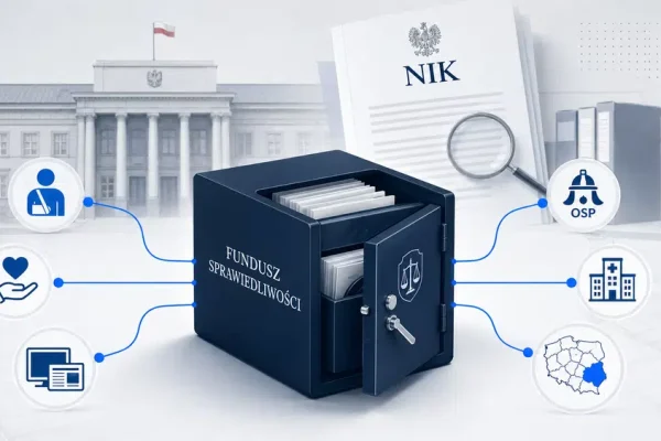 Ilustracja pokazująca symboliczny przepływ pieniędzy z Funduszu Sprawiedliwości do różnych odbiorców: fundacji, mediów, OSP, szpitali i okręgów wyborczych.