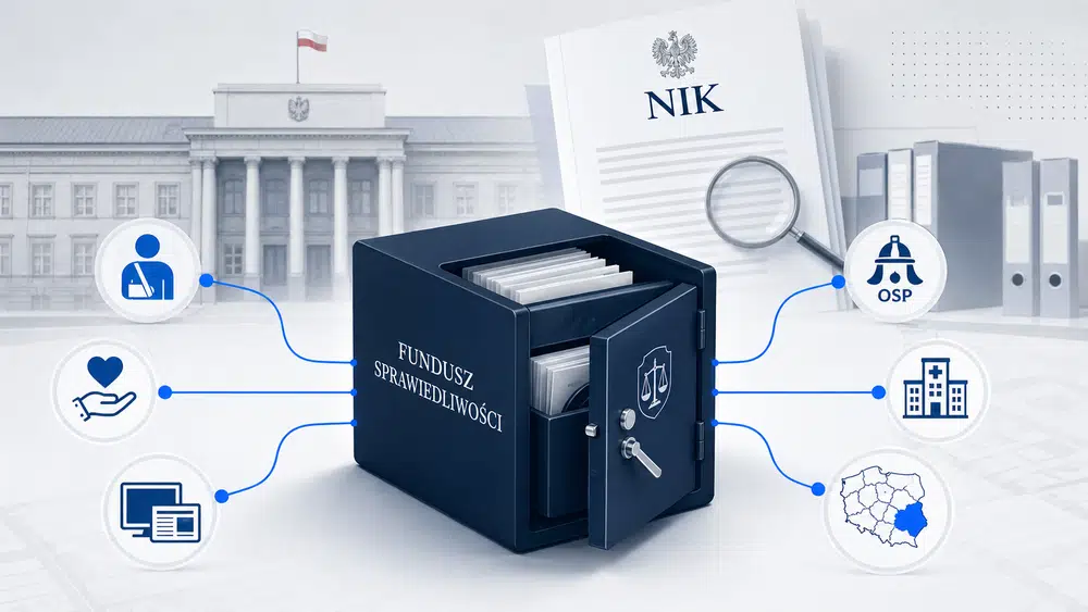 Ilustracja pokazująca symboliczny przepływ pieniędzy z Funduszu Sprawiedliwości do różnych odbiorców: fundacji, mediów, OSP, szpitali i okręgów wyborczych.