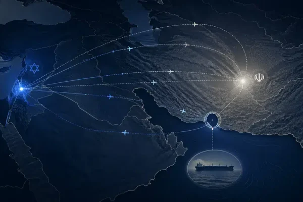 Ilustracja editorialowa przedstawiająca napięcie między Izraelem i Iranem na mapie Bliskiego Wschodu, z zaznaczoną cieśniną Ormuz i abstrakcyjnymi liniami rakiet.