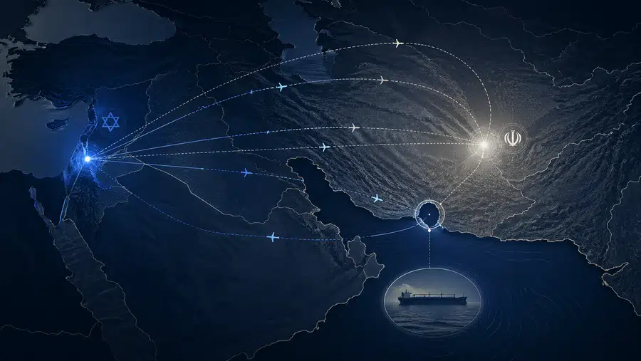 Ilustracja editorialowa przedstawiająca napięcie między Izraelem i Iranem na mapie Bliskiego Wschodu, z zaznaczoną cieśniną Ormuz i abstrakcyjnymi liniami rakiet.