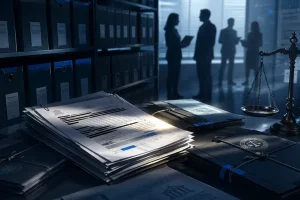 Ilustracja dokumentów sądowych i symboli wymiaru sprawiedliwości w sprawie Jeffreya Epsteina.