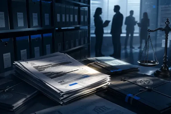Ilustracja dokumentów sądowych i symboli wymiaru sprawiedliwości w sprawie Jeffreya Epsteina.