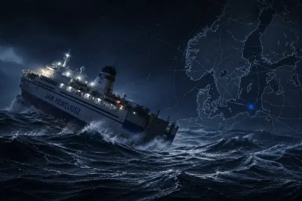 Ilustracja promu Jan Heweliusz na wzburzonym Bałtyku podczas nocnego sztormu.