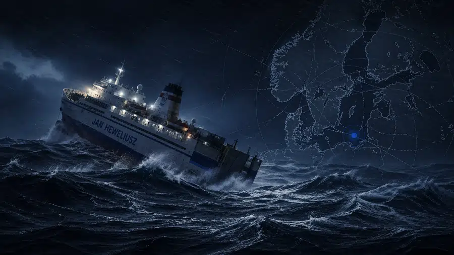 Ilustracja promu Jan Heweliusz na wzburzonym Bałtyku podczas nocnego sztormu.