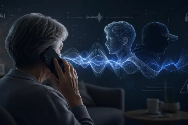 Osoba odbiera telefon, z którego wychodzi syntetyczna fala głosu symbolizująca oszustwo z użyciem AI.