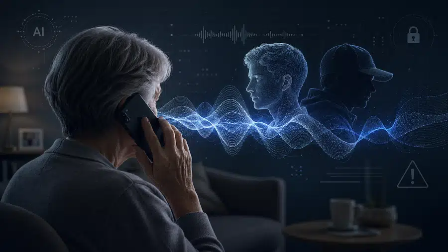 Osoba odbiera telefon, z którego wychodzi syntetyczna fala głosu symbolizująca oszustwo z użyciem AI.