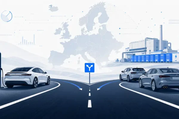 Ilustracja przedstawiająca europejską drogę wyboru między samochodami elektrycznymi, hybrydami i autami spalinowymi przed 2035 rokiem.