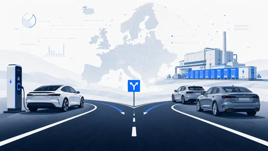 Ilustracja przedstawiająca europejską drogę wyboru między samochodami elektrycznymi, hybrydami i autami spalinowymi przed 2035 rokiem.