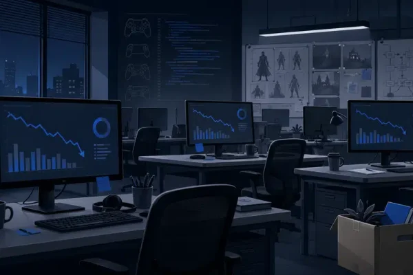 Ilustracja pustego biura studia gier z monitorami, wykresami i akcentami niebieskiego, symbolizująca kryzys i zwolnienia w gamedevie.