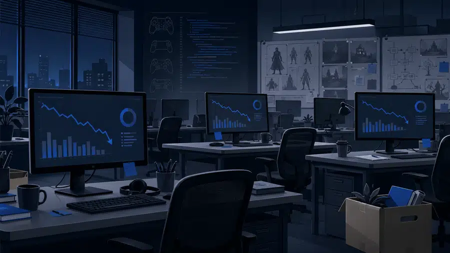 Ilustracja pustego biura studia gier z monitorami, wykresami i akcentami niebieskiego, symbolizująca kryzys i zwolnienia w gamedevie.