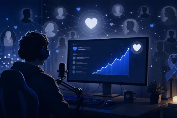 Ilustracja streamera i internetowej społeczności połączonej wokół dużej zbiórki charytatywnej dla osób chorujących onkologicznie.