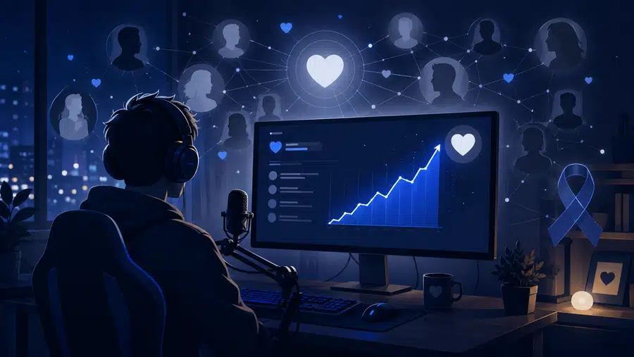 Ilustracja streamera i internetowej społeczności połączonej wokół dużej zbiórki charytatywnej dla osób chorujących onkologicznie.