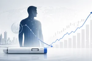 Ilustracja przedstawiająca pen do iniekcji, sylwetkę człowieka i wykresy symbolizujące wpływ leków GLP-1 na medycynę oraz rynek farmaceutyczny.