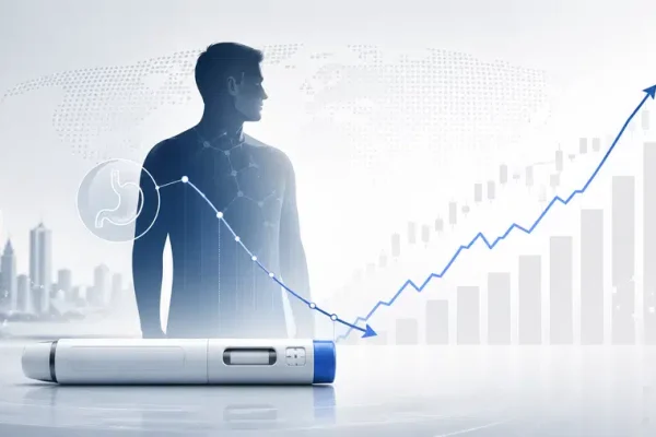 Ilustracja przedstawiająca pen do iniekcji, sylwetkę człowieka i wykresy symbolizujące wpływ leków GLP-1 na medycynę oraz rynek farmaceutyczny.