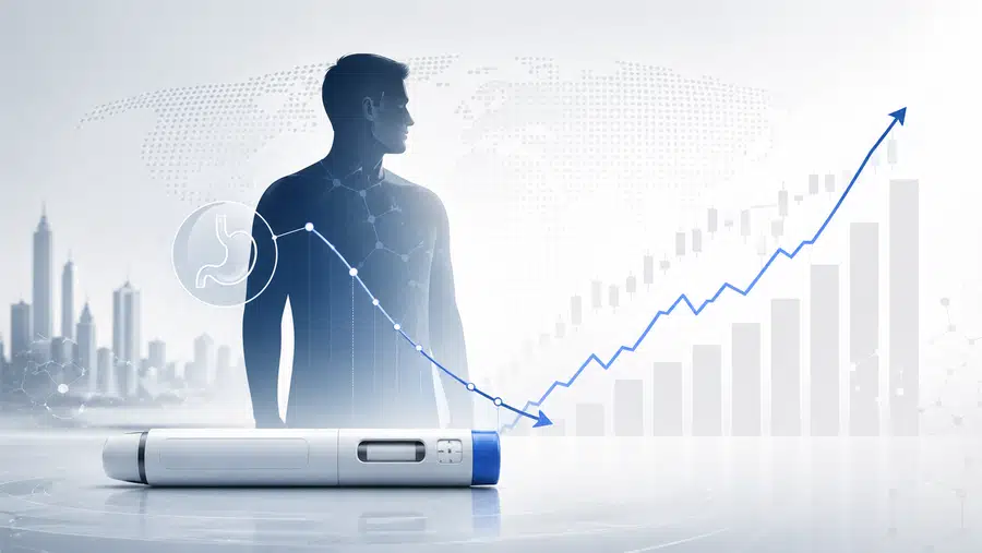 Ilustracja przedstawiająca pen do iniekcji, sylwetkę człowieka i wykresy symbolizujące wpływ leków GLP-1 na medycynę oraz rynek farmaceutyczny.