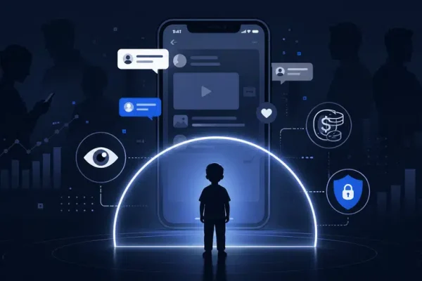 Ilustracja smartfona, komentarzy i symbolicznej ochrony dziecka w kontekście afer internetowych i ekonomii zasięgów.