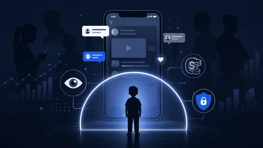 Ilustracja smartfona, komentarzy i symbolicznej ochrony dziecka w kontekście afer internetowych i ekonomii zasięgów.