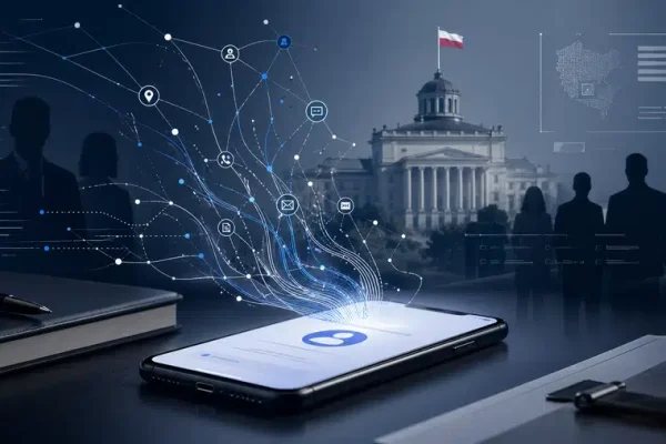 Ilustracja smartfona symbolizującego inwigilację Pegasusem i kontrolę służb nad danymi obywateli.