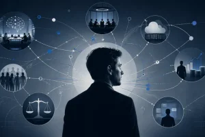 Ilustracja przedstawiająca symboliczną sieć wpływów wokół lidera firmy AI, z motywami chmury, kapitału, prawa i technologii.