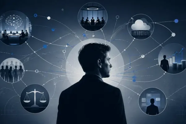 Ilustracja przedstawiająca symboliczną sieć wpływów wokół lidera firmy AI, z motywami chmury, kapitału, prawa i technologii.