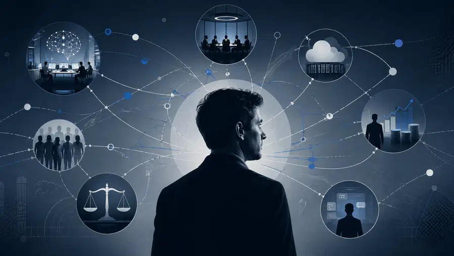 Ilustracja przedstawiająca symboliczną sieć wpływów wokół lidera firmy AI, z motywami chmury, kapitału, prawa i technologii.