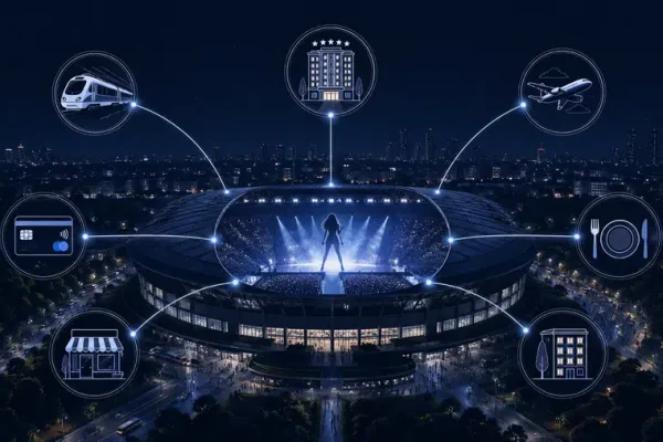 Ilustracja stadionu koncertowego połączonego liniami z hotelami, transportem, restauracjami i płatnościami, symbolizująca ekonomiczny wpływ trasy Taylor Swift.