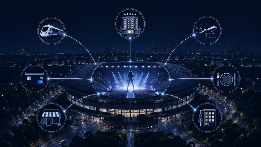 Ilustracja stadionu koncertowego połączonego liniami z hotelami, transportem, restauracjami i płatnościami, symbolizująca ekonomiczny wpływ trasy Taylor Swift.