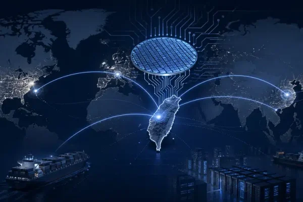 Ilustracja Tajwanu połączonego liniami z globalną siecią technologiczną i symbolem wafla krzemowego, pokazująca znaczenie wyspy dla produkcji półprzewodników.