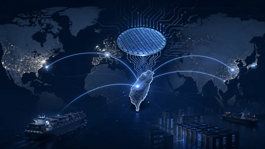 Ilustracja Tajwanu połączonego liniami z globalną siecią technologiczną i symbolem wafla krzemowego, pokazująca znaczenie wyspy dla produkcji półprzewodników.
