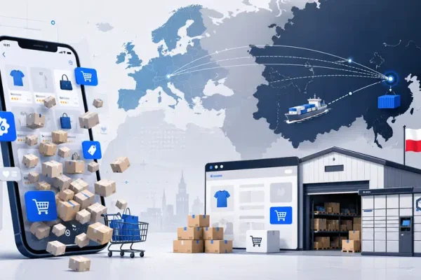 Ilustracja przedstawiająca smartfon z tanimi zakupami online, paczki z Chin i polski sklep internetowy symbolizujący konkurencję Temu i Shein z lokalnym e-commerce.